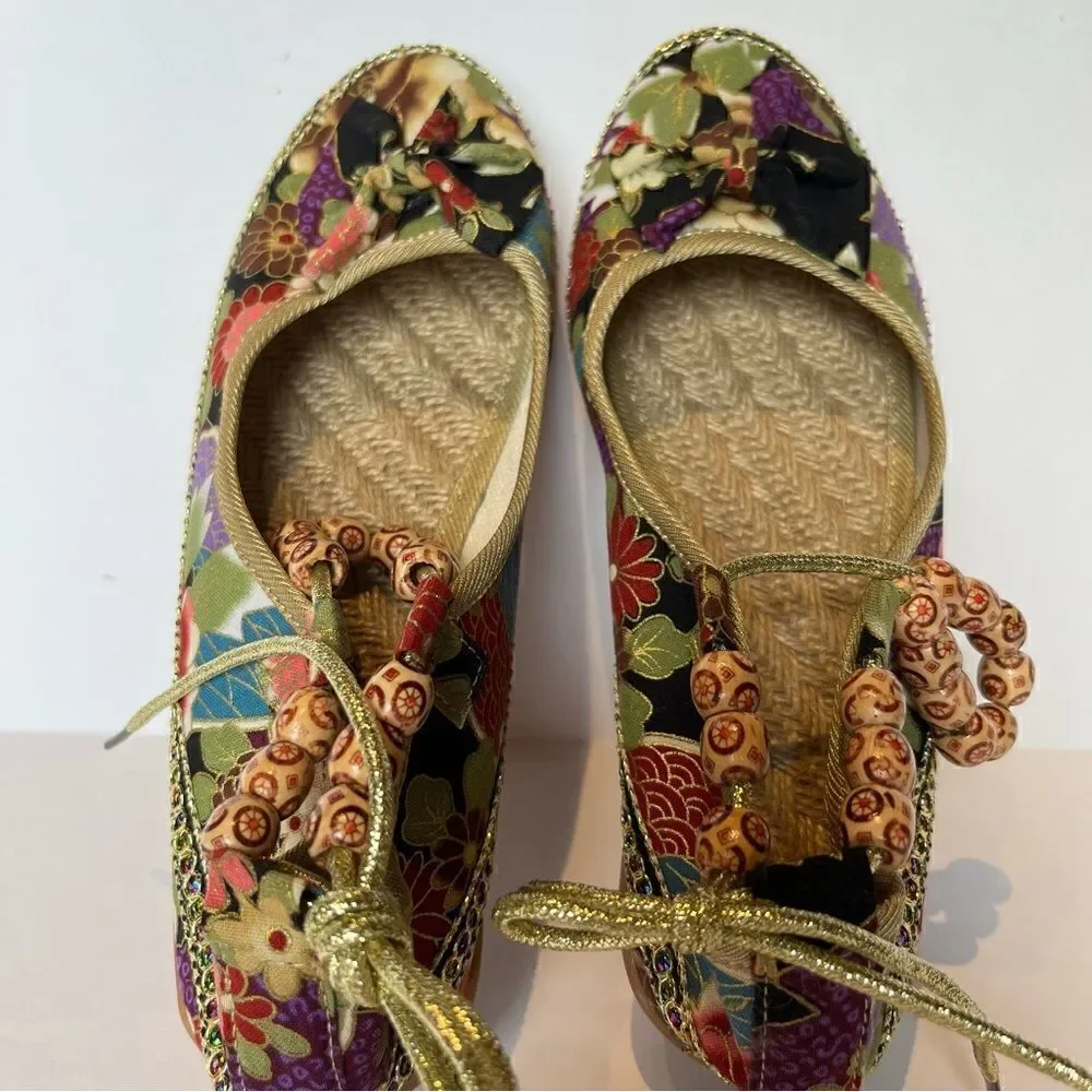 Women's Canvas Flat Floral Print Colorful with Beaded Ankle Tie Size 40